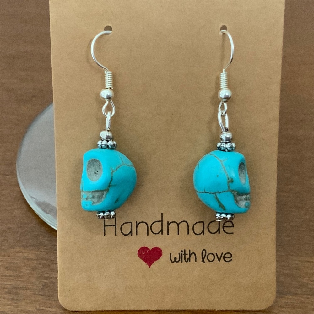 Handcrafted Turquoise Scull Beads Dangle/Drop Earrings Silver Tone Hooks